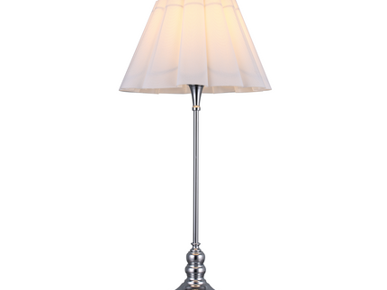 Giselle Table Lamp with Chrome Base and White Linen Shade.