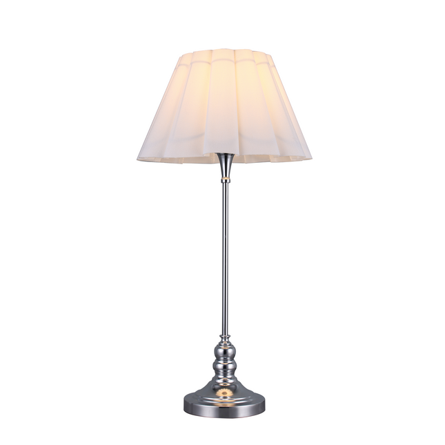 Giselle Table Lamp with Chrome Base and White Linen Shade.