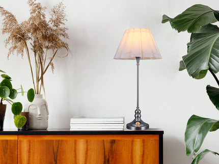 Giselle Table Lamp with Chrome Base and White Linen Shade.