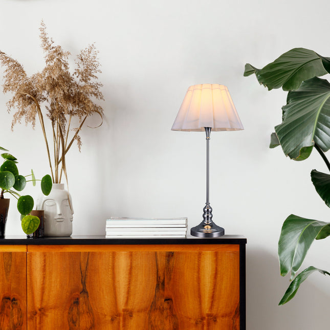 Giselle Table Lamp with Chrome Base and White Linen Shade.