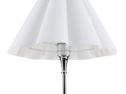 Giselle Table Lamp with Chrome Base and White Linen Shade.
