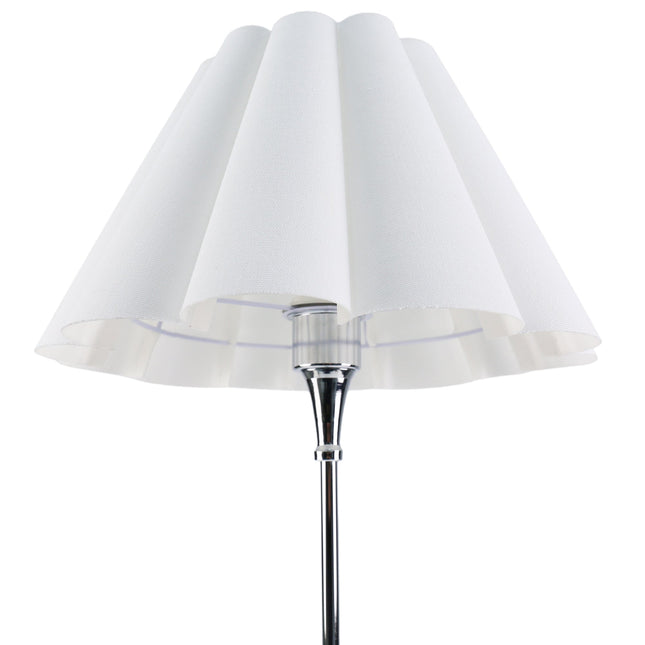 Giselle Table Lamp with Chrome Base and White Linen Shade.