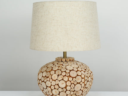 Hallie Table Lamp with Natural Wood Base and Linen Shade.