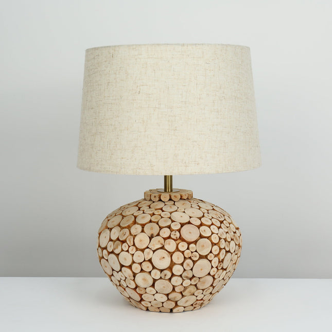 Hallie Table Lamp with Natural Wood Base and Linen Shade.