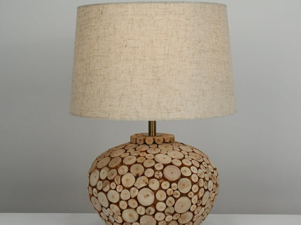 Hallie Table Lamp with Natural Wood Base and Linen Shade.