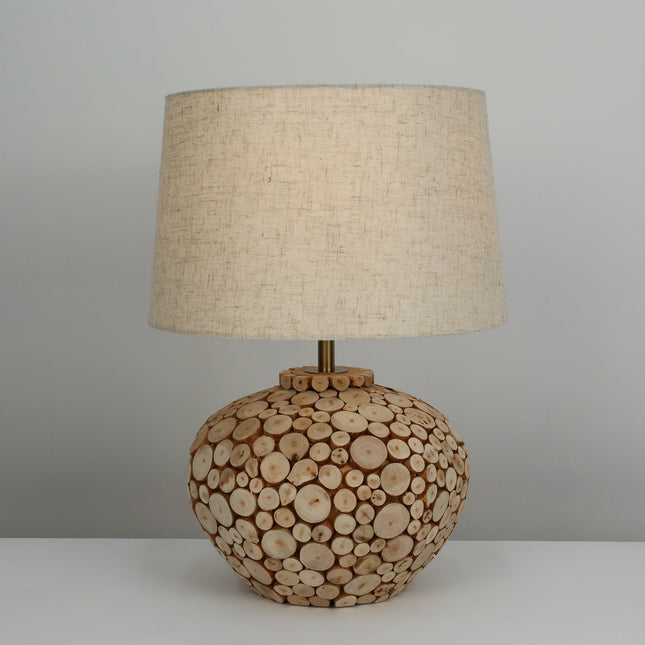 Hallie Table Lamp with Natural Wood Base and Linen Shade.