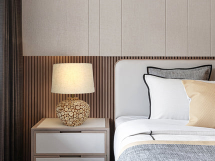 Hallie Table Lamp with Natural Wood Base and Linen Shade.
