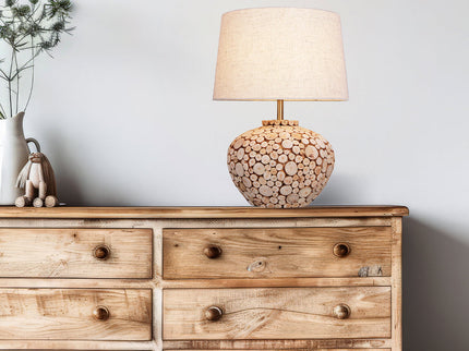 Hallie Table Lamp with Natural Wood Base and Linen Shade.