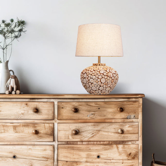 Hallie Table Lamp with Natural Wood Base and Linen Shade.