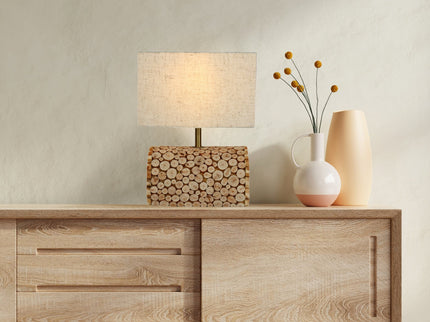 Pippa Table Lamp with Natural Linen Shade and Wooden Base.