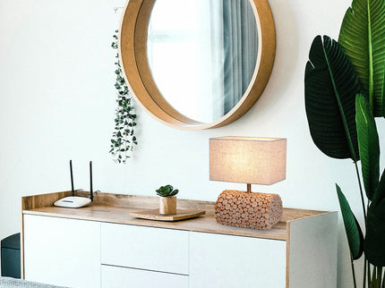 Pippa Table Lamp with Natural Linen Shade and Wooden Base.