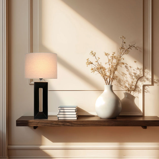 Niamh Ceramic Table Lamp with Black Base and Linen Shade.