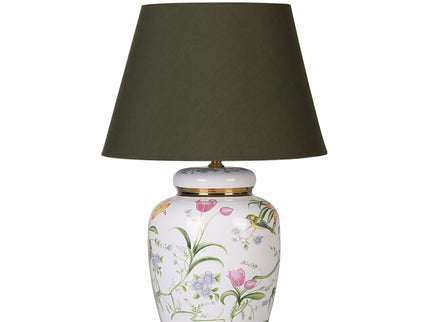 Circe Ceramic Table Lamp with White Base and Green Fabric Shade.