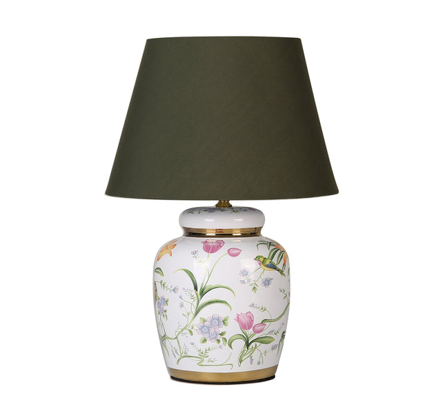 Circe Ceramic Table Lamp with White Base and Green Fabric Shade.