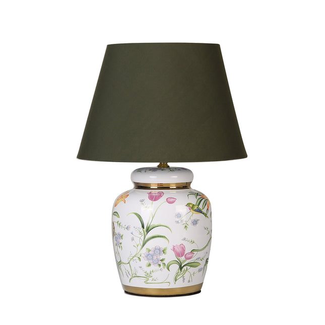 Circe Ceramic Table Lamp with White Base and Green Fabric Shade.