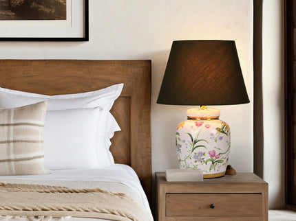 Circe Ceramic Table Lamp with White Base and Green Fabric Shade.