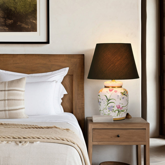 Circe Ceramic Table Lamp with White Base and Green Fabric Shade.