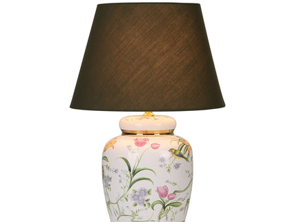 Circe Ceramic Table Lamp with White Base and Green Fabric Shade.