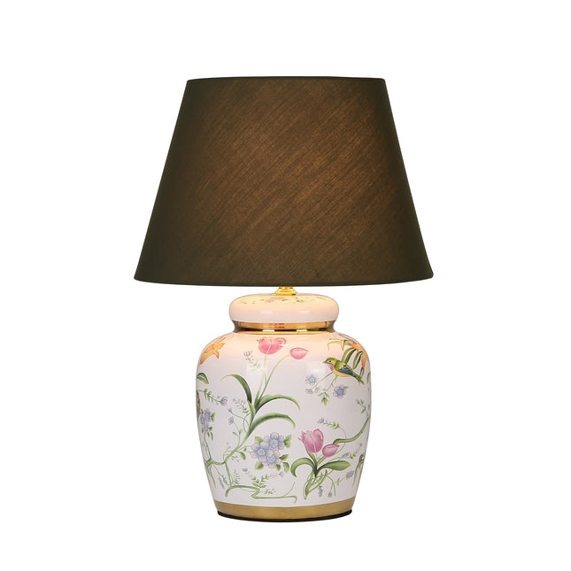 Circe Ceramic Table Lamp with White Base and Green Fabric Shade.