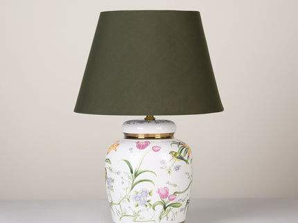 Circe Ceramic Table Lamp with White Base and Green Fabric Shade.