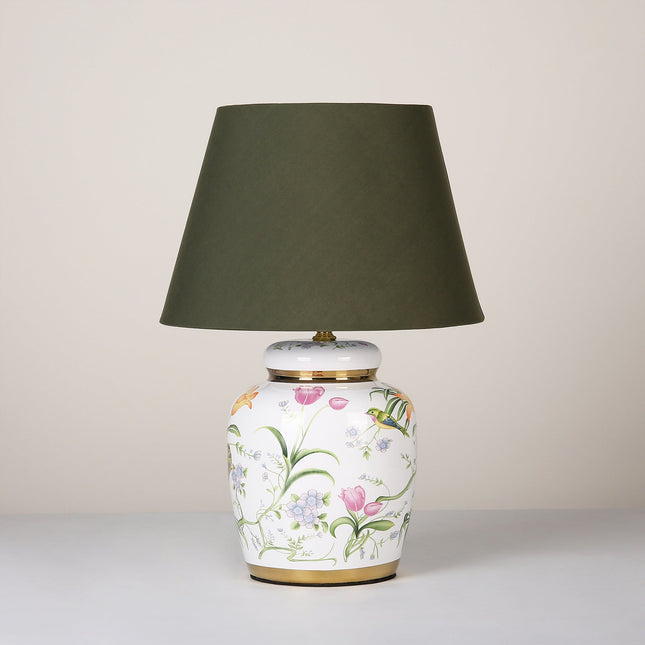 Circe Ceramic Table Lamp with White Base and Green Fabric Shade.