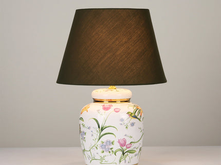 Circe Ceramic Table Lamp with White Base and Green Fabric Shade.