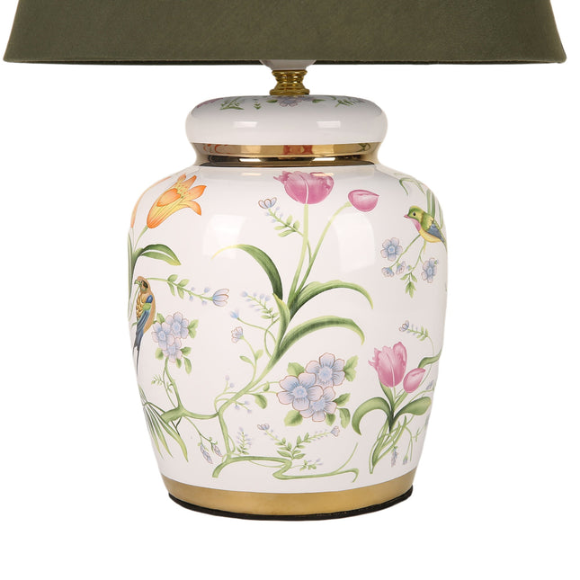 Circe Ceramic Table Lamp with White Base and Green Fabric Shade.