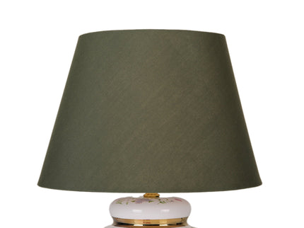Circe Ceramic Table Lamp with White Base and Green Fabric Shade.