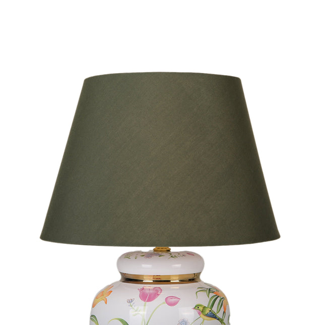 Circe Ceramic Table Lamp with White Base and Green Fabric Shade.