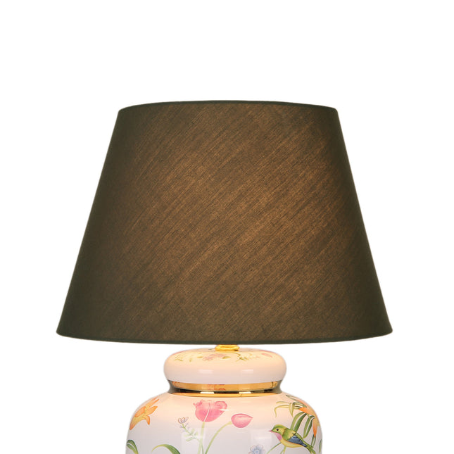 Circe Ceramic Table Lamp with White Base and Green Fabric Shade.