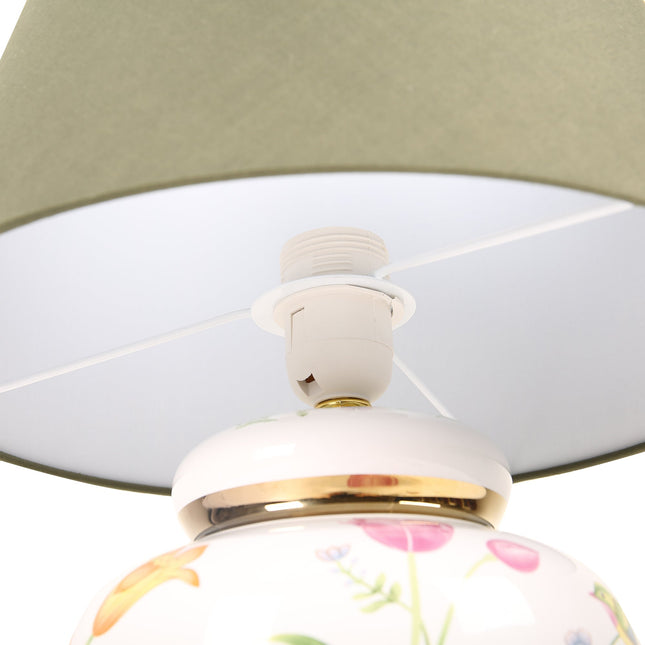 Circe Ceramic Table Lamp with White Base and Green Fabric Shade.