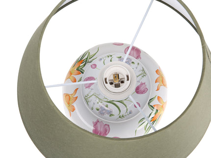 Circe Ceramic Table Lamp with White Base and Green Fabric Shade.