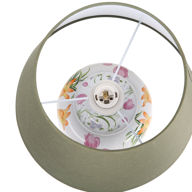 Circe Ceramic Table Lamp with White Base and Green Fabric Shade.
