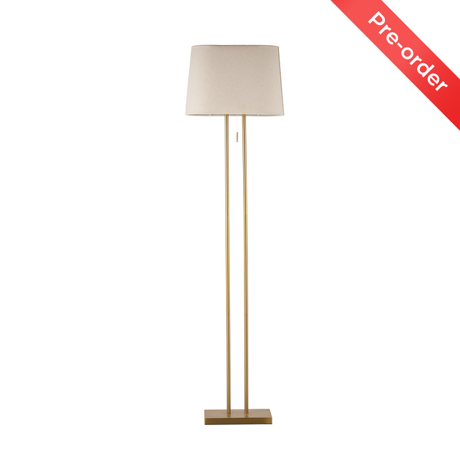 Arden Floor Lamp Modern Brass and Ivory Fabric Shade 156cm.