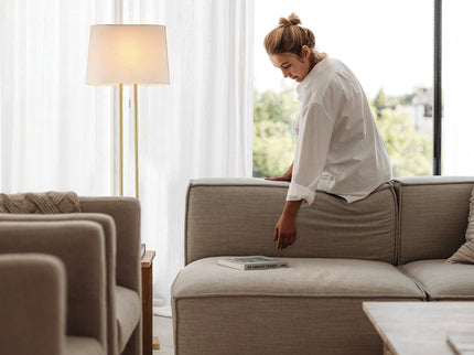Arden Floor Lamp Modern Brass and Ivory Fabric Shade 156cm.