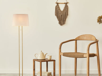 Arden Floor Lamp Modern Brass and Ivory Fabric Shade 156cm.
