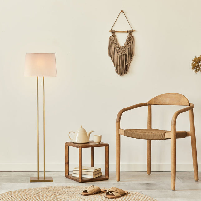 Arden Floor Lamp Modern Brass and Ivory Fabric Shade 156cm.
