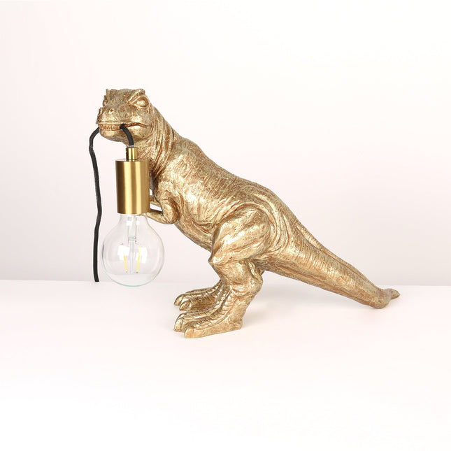 T-Rex Bite Table Lamp with Gold Finish and Unique Dinosaur Design.