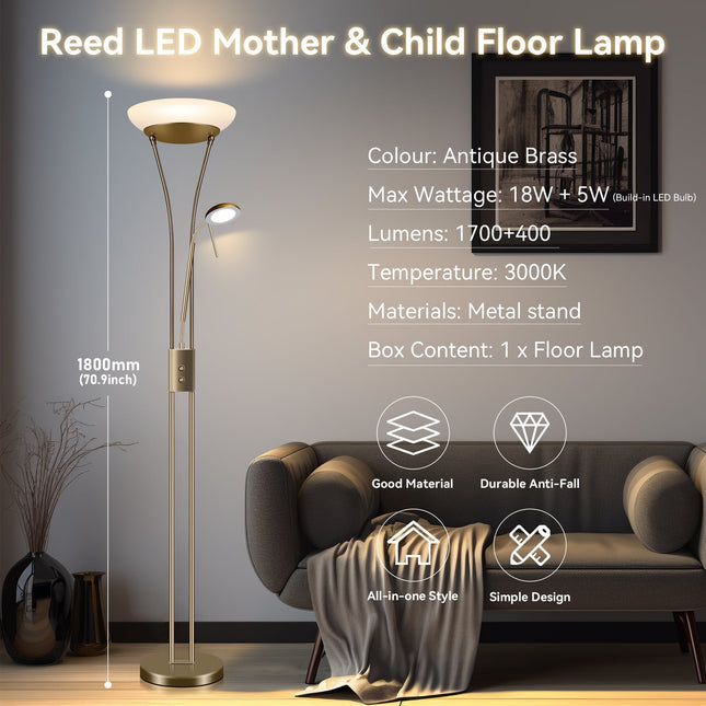 Reed LED Mother & Child Floor Lamp Black Antique Brass Satin Chrome.