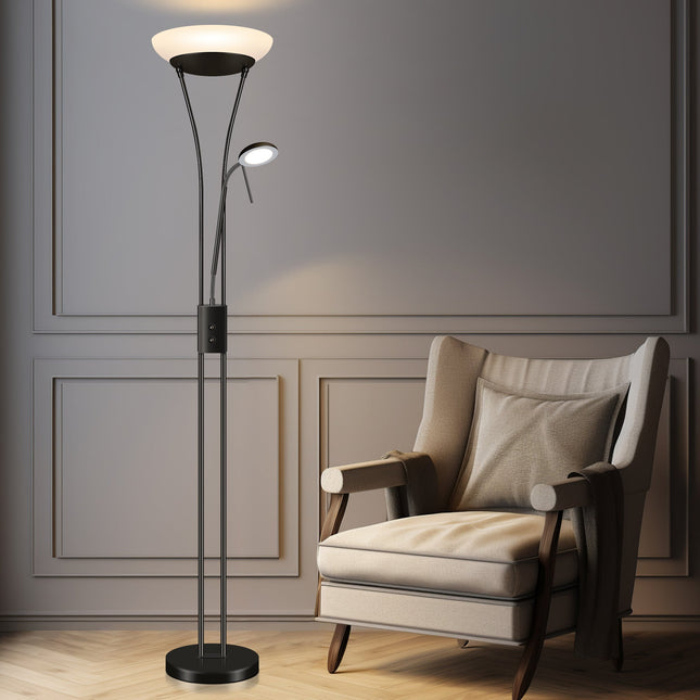 Reed LED Mother & Child Floor Lamp Black Antique Brass Satin Chrome.
