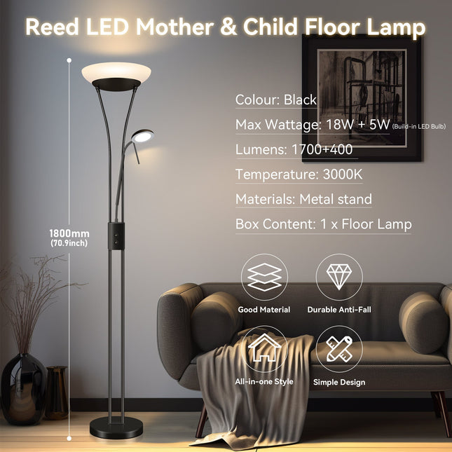 Reed LED Mother & Child Floor Lamp Black Antique Brass Satin Chrome.