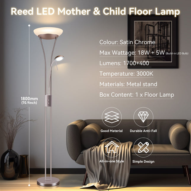 Reed LED Mother & Child Floor Lamp Black Antique Brass Satin Chrome