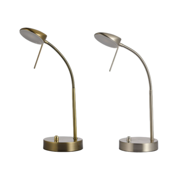 Jella LED Table Lamp Satin Chrome Antique Brass Elegant Desk Light.