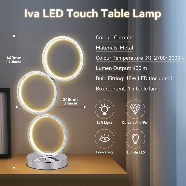 Iva LED Touch Table Lamp Rose Gold Chrome Modern Circular Design.