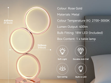 Iva LED Touch Table Lamp Rose Gold Chrome Modern Circular Design.