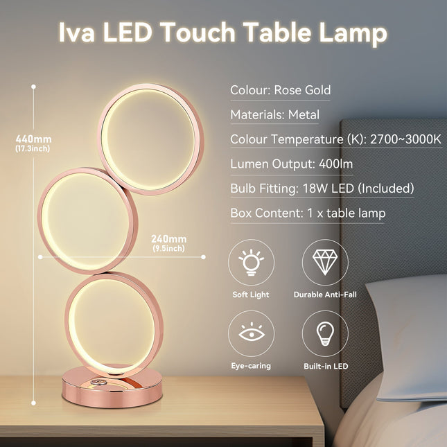 Iva LED Touch Table Lamp Rose Gold Chrome Modern Circular Design.