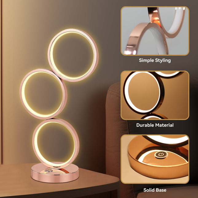 Iva LED Touch Table Lamp Rose Gold Chrome Modern Circular Design.