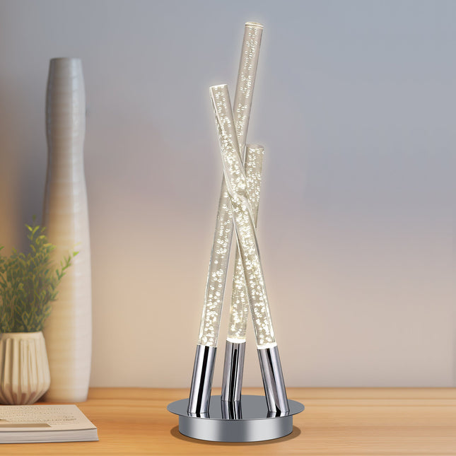 Mina LED Table Lamp Modern Three-Bar Desk Light with Chrome Finish.