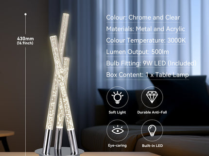 Mina LED Table Lamp Modern Three-Bar Desk Light with Chrome Finish.