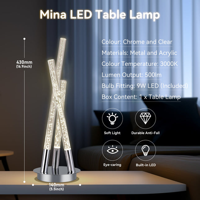 Mina LED Table Lamp Modern Three-Bar Desk Light with Chrome Finish.